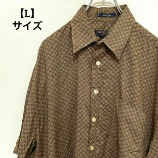 K238 半袖 シャツ オープンカラー 茶系 総柄 レーヨン100% Lサイズ(シャツ)