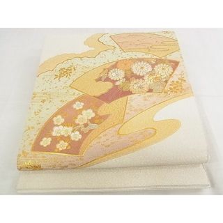 平和屋-こころ店◎綴れ　太鼓柄袋帯　刺繍　地紙花文　金銀彩　銀通し地　正絹　逸品　AAAF1653Aex(帯)