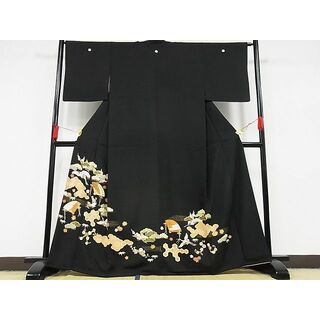 平和屋-こころ店■豪華黒留袖　駒刺繍　檜扇飛鶴花文　松竹梅　金彩　正絹　逸品　AAAE3596Bzg(着物)