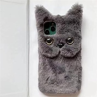 スマホカバー ネコ 猫 可愛い ぬいぐるみ フワフワ iPhoneケース グレー(iPhoneケース)