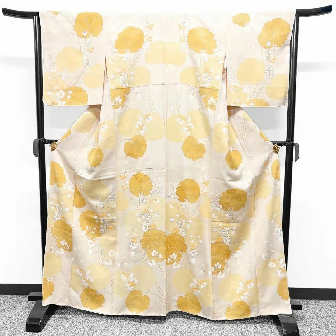 小紋 リーフ 花模様 イエロー系 着物 043w p 小紋 リーフ 花模様 イエロー系 着物 043w p