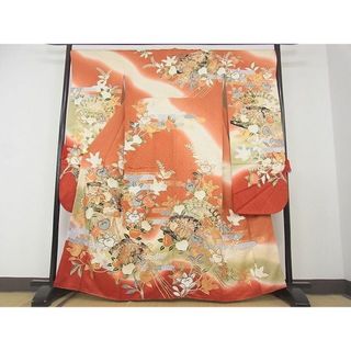 平和屋-こころ店■豪華振袖　檜扇花文　橘　暈し染め　金彩　正絹　逸品　AAAE2715Bwt(振袖)