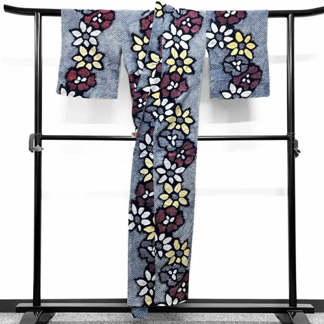 浴衣 有松鳴海絞り 花模様 ブルー系 着物 043w d 浴衣 有松鳴海絞り 花模様 ブルー系 着物 043w d