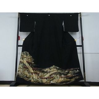 平和屋-こころ店■豪華黒留袖　渡橋大名行列　金彩　正絹　逸品　AAAE5066Agk(着物)