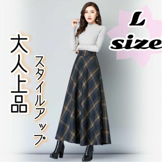 Lサイズ スカート Aライン ロングスカート ウエストゴム チェック 体型カバー(ロングスカート)