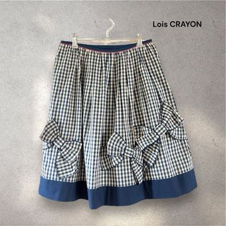 Lois CRAYON - ロイスクレヨン ひざ丈スカート ギンガムチェック リボン Mサイズ 白/ネイビー