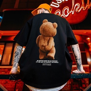 メンズTシャツ くま クマ バックプリント ヒップホップ ブラック 黒 2XL(Tシャツ/カットソー(半袖/袖なし))