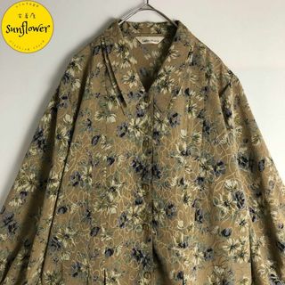 ヴィンテージ(VINTAGE)の【シャツ　ブラウス　総柄　花柄　昭和レトロ　ゆるだぼ　茶　グレー　古着】(シャツ/ブラウス(長袖/七分))