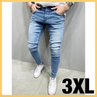 3XL デニム スキニー ストレッチ スリム メンズ パンツ ライトブルー(デニム/ジーンズ)