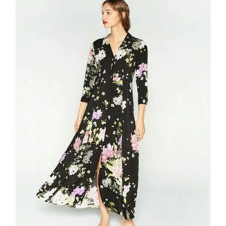 ザラ(ZARA)の【 ZARA 】　ザラ　花柄　黒　ロングスカート　深田恭子　長谷川京子　着用(ロングワンピース/マキシワンピース)