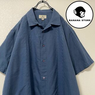 90's キューバシャツ ライトブルー ライン刺繍 開襟 ビッグサイズ(Tシャツ/カットソー(半袖/袖なし))