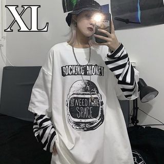 ロンＴ 長袖トップス オーバーサイズ  レイヤード風 ボーダー ホワイト XL(Tシャツ(長袖/七分))