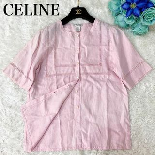 セリーヌ(celine)のCELINE セリーヌ　リネン100% 半袖ブラウス　ロゴボタン　シャツ　36(シャツ/ブラウス(半袖/袖なし))