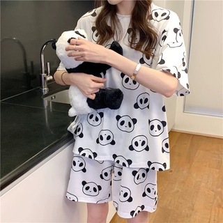 パジャマ パンダ柄 レディース セット Tシャツ ハーフパンツ 白 黒 XL(ルームウェア)
