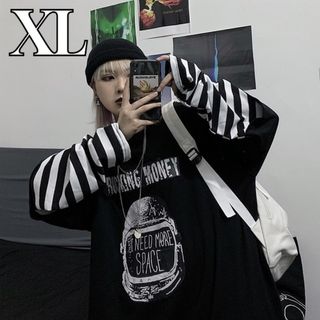 ロンＴ 長袖トップス オーバーサイズ  レイヤード風 ボーダー ブラック XL(Tシャツ(長袖/七分))