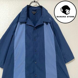 ビッグシルエット ラインシャツ オープンカラー ブルー ライトブルー バイカラー(Tシャツ/カットソー(半袖/袖なし))