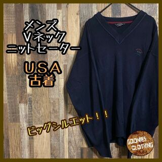 メンズ ニットセーター Ｖネック シャーク ブラック XL USA古着 長袖(ニット/セーター)
