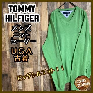 トミーヒルフィガー(TOMMY HILFIGER)のトミーヒルフィガー メンズ ニット セーター グリーン ロゴ XL 古着 長袖(ニット/セーター)