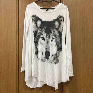 ロングTシャツ　狼　ウルフ　オオカミ　白　ホワイト(カットソー(長袖/七分))