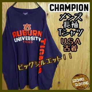 チャンピオン チームロゴ ネイビー 長袖 Tシャツ USA古着 90s XL 紺(Tシャツ/カットソー(七分/長袖))