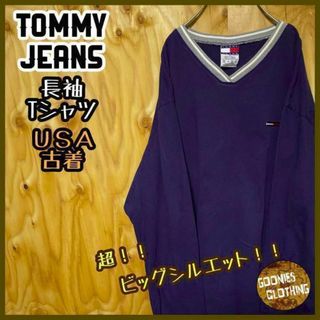 ロンT ネイビー USA古着 90s トミージーンズ 長袖 ロング Tシャツ(Tシャツ/カットソー(七分/長袖))