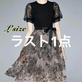 【Ｌ】黒　オーガンジー　ドレス リボン ワンピース  透け感　フォーマル 結婚式(ミディアムドレス)