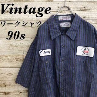 【k5117】USA古着90sヴィンテージ刺繍ワッペンロゴ半袖ストライプシャツ(シャツ)