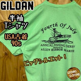 ギルダン ライト グリーン 船 USA古着 90s 半袖 Tシャツ 緑 デカロゴ(Tシャツ/カットソー(半袖/袖なし))