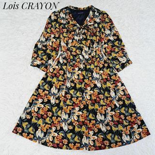 ロイスクレヨン(Lois CRAYON)のロイスクレヨン 美品✨レトロ花柄ワンピース ボウタイ ボタン フレア Aライン(ひざ丈ワンピース)