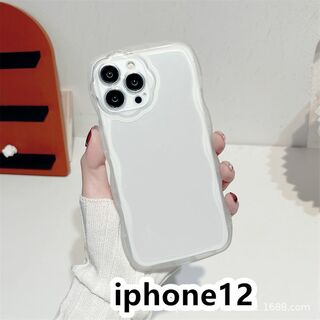 iphone12ケース　透明　波型花 耐衝撃ホワイト463