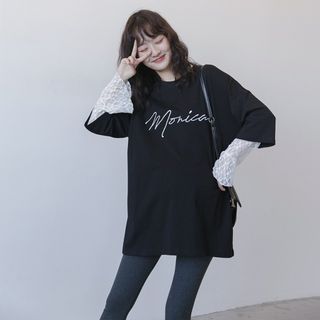 【重ね着風】レディース 黒 L 長袖 レース シースルー カットソー(Tシャツ(半袖/袖なし))