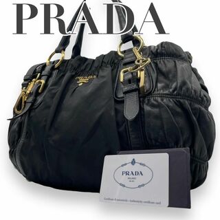 プラダ(PRADA)の美品　PRADA プラダ　s39 Gカード付　ギャザー　バッグ　2way 黒(ハンドバッグ)