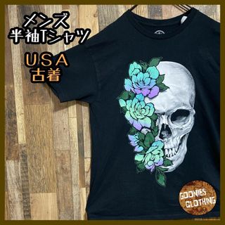 ドクロ ホラー 頭蓋骨 花 ブラック L メンズ USA古着 半袖 Tシャツ(Tシャツ/カットソー(半袖/袖なし))