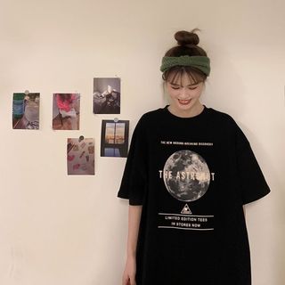 Ｔシャツ トップス カジュアル 地球 プリント  大きめ ゆったり 月 韓国 黒(Tシャツ(半袖/袖なし))