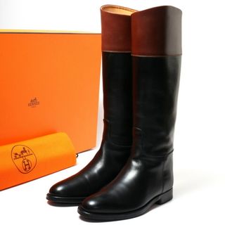 エルメス(Hermes)のHERMES エルメス ジョッキーブーツ ロングブーツ 乗馬ブーツ 靴 レディース 22cm相当 バイカラー ブラック×ブラウン イタリア製 ブランド古着【中古】20240330/GP5550(ブーツ)