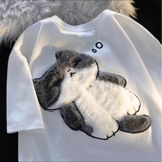 【新品】韓国シンプル　半袖　シャツ  立体　男女兼用　猫柄　ゆったり白(Tシャツ/カットソー(半袖/袖なし))