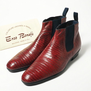ENZO BONAFE per Le Yucca's レユッカス リザード サイドゴアブーツ ショートブーツ 靴 メンズ サイズ43（27.5cm相当）レッド×ネイビー イタリア製 ブランド古着【中古】20240202/GP2514(ブーツ)