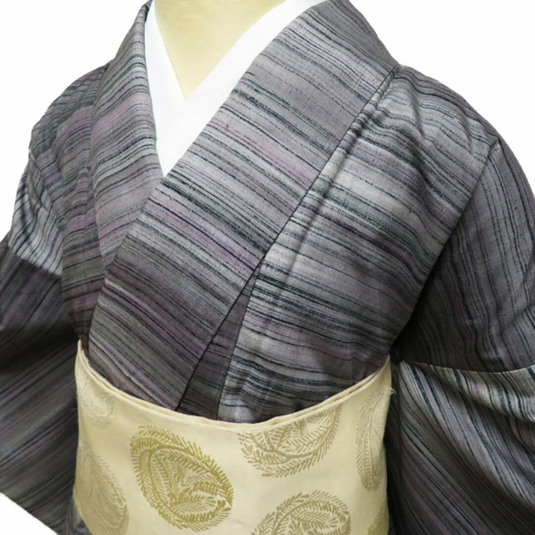 紬地 着物 中古 正絹 袷 カジュアル 横縞模様 鼠系色 勝色 多色 紬地 着物 中古 正絹 袷 カジュアル 横縞模様 鼠系色 勝色 多色