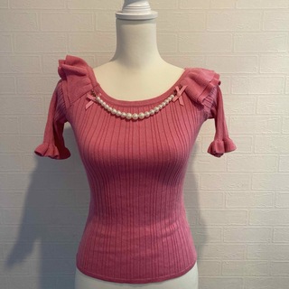 リズリサ(LIZ LISA)のリズリサ　ピンク　パール　フリル　半袖(ニット/セーター)