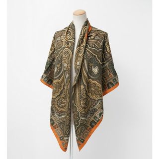 エトロ(ETRO)の■美品■ETRO エトロ ペイズリー 大判スカーフ ストール ショール ウール シルク グリーン×オレンジブラウン イタリア製 アクセサリー ブランド古着【中古】20240104/GP0338(バンダナ/スカーフ)