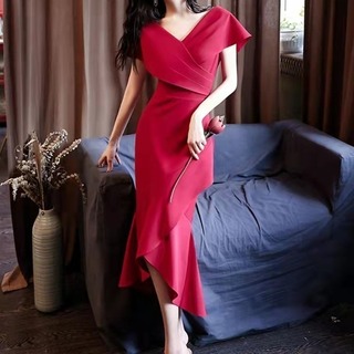 【ラスト２点】パーティー ドレス 赤 M フォーマル アシンメトリー 韓国(ロングドレス)
