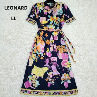 LEONARD - レオナール　ロングワンピース　LLサイズ　花柄　トリム　椅子柄　腰紐　コットン