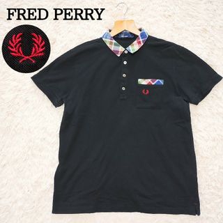 フレッドペリー(FRED PERRY)のFREDPERRY　フレッドペリー　半袖ポロシャツ　刺繍ロゴ　襟チェック　黒　L(ポロシャツ)