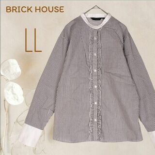 BRICK HOUSE by Tokyo Shirts - b5111【ブリックハウス】長袖シャツ バンドカラー 白×茶ストライプ LL