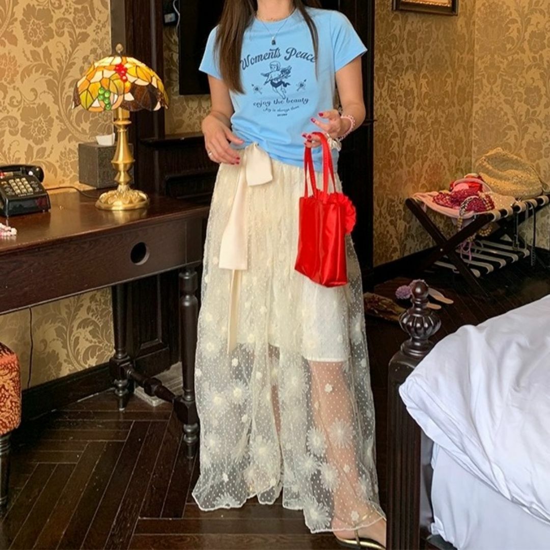 LUOLUOJUANJIE シアー ロング スカート 花柄 ドット リボン 白