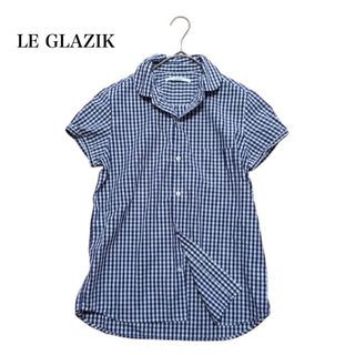 ルグラジック(LE GLAZIK)の美品 ルグラジック 綿 ラウンドカラー シャツ チェック 紺 白 36 日本製(Tシャツ(半袖/袖なし))