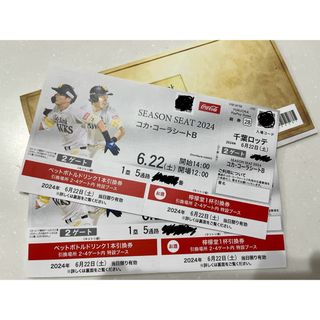 ソフトバンク ホークスvs 千葉ロッテ　コカ・コーラシートB  1塁側 ペア2枚(野球)