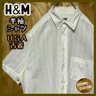 H&M ストライプ ホワイト シャツ USA古着 90s 半袖 ポケット 単色(シャツ)