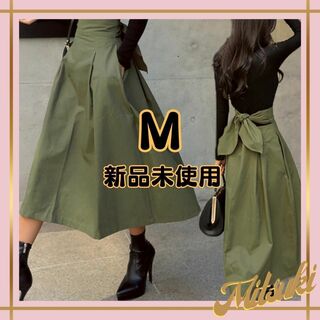 韓国ファッション✨Aライン ロングスカート バックリボン 緑 M 通勤 デート(ロングスカート)