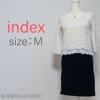 INDEX - index バイカラー　レーストップス切替えひざ丈ワンピース　白/ネイビー　M